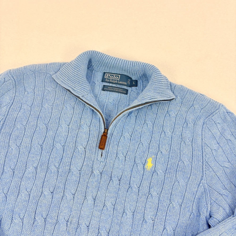 VTG POLO RALPH LAUREN Mens M/L Cable Knit Silk Collared Sweater Blue Preppy Golf